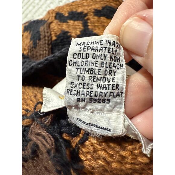 VTG Express Sweater Cardigan 1990s Hand Knit Leopard Womens Med Oversized Brown - Picture 12 of 13